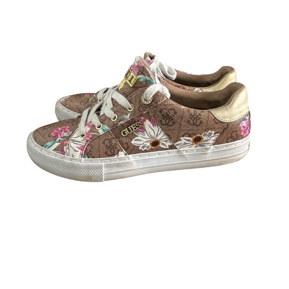 Guess Loven Sneakers Women's Size 9.5 M Casual Lace-up Logo Brown Pink Floral - Picture 8 of 15